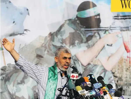  ?? ADEL HANA / THE ASSOCIATED PRESS ?? Yehiya Sinwar, a founder of Hamas’ military wing who spent years in an Israeli prison before being released in a prisoner swap, and who rejects any reconcilia­tion with Israel, is the new head of Hamas, replacing Ismail Haniyeh, who served as leader...