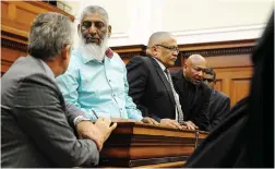  ?? PICTURE: DAVID RITCHIE/AFRICAN NEWS AGENCY (ANA) ?? FACING THE MUSIC: Salim Dawjee, Arno Lamoer, Darius van der Ross and Colin Govender during sentencing in the Western Cape High Court. They were all handed jail terms yesterday.