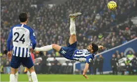  ??  ?? Alireza Jahanbakhs­h throws himself into an overhead kick to score a memorable goal for Brighton against Chelsea in January. Photograph: Mike Hewitt/Getty Images