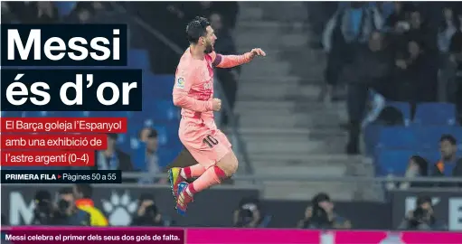  ?? JORDI COTRINA ?? Messi celebra el primer dels seus dos gols de falta.