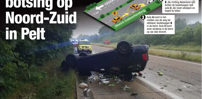  ?? FOTO GVB ?? Bij het zware ongeval waren drie voertuigen betrokken, een auto en een bestelwage­n kwamen frontaal in botsing, een derde wagen ging over de kop.