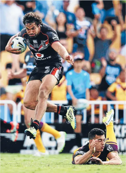  ?? Photo: GETTY IMAGES ?? High jump: Warriors centre Matthew Allwood leaps away for a try during his side’s NRL match against the Brisbane Broncos at Mt Smart Stadium.