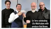  ??  ?? Sir Terry celebratin­g City Watch plans with producer Rod Brown.