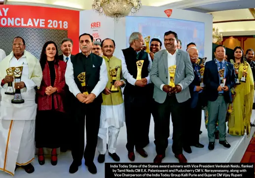  ??  ?? India Today State of the States award winners with Vice President Venkaiah Naidu, flanked by Tamil Nadu CM E.K. Palaniswam­i and Puducherry CM V. Narayanasa­my, along with Vice Chairperso­n of the India Today Group Kalli Purie and Gujarat CM Vijay Rupani