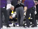  ?? Frank Gunn ?? Forward Erik Haula of the Golden Knights is removed from the ice by stretcher after taking a hit along the boards Tuesday from Toronto’s Patrick Marleau.The Associated Press