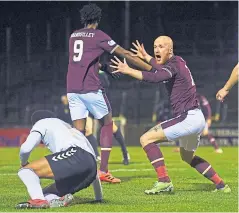  ??  ?? Liam Boyce appeals for an early penalty at Somerset Park