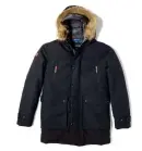  ??  ?? Parka Jumar, Ligne 1985, avec doublure nylon imprimée camouflage et fausse fourrure détachable sur la capuche aux fibres Sorona, en polyester et coton, 380 €.