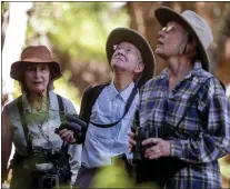  ?? ?? Birders Tricia Jordan, Martha O'neal and Sue Cossins, from left, explore the Grasshoppe­r Loop Trail at the La Honda Creek Open Space Preserve in La Honda on June 1.