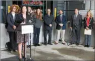  ??  ?? Capital Roots CEO Amy Klein speaks at a news conference Wednesday announcing the launch of the Greater Capital Region Food System Assessment at the Capital Roots Urban Grow Center on River Street in Troy.