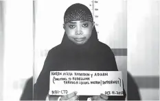  ?? KRIZJOHN ROSALES/
PHILSTAR.COM ?? The mugshot of Karen Aizha Hamidon, who was arrested for recruiting fighters for the Islamic State and Maute group and for spreading radical Islamic propaganda.