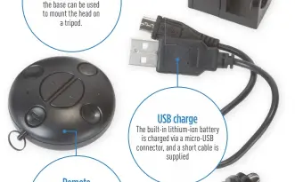  ??  ?? Remote control The included Bluetooth remote has buttons for panorama, video and timelapse modes. USB charge The built-in lithium-ion battery is charged via a micro-USB connector, and a short cable is supplied