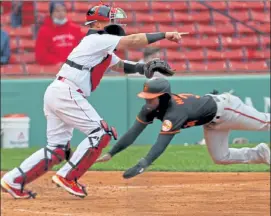  ?? MATT STONE / BOSTON HERALD ?? Baltimore’s Maikel Franco slides safely into home past Boston catcher Christian Vazquez during Friday’s game.