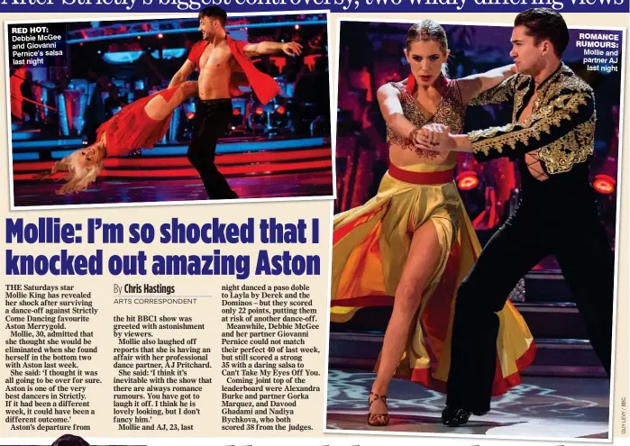  ??  ?? Debbie McGee and Giovanni Pernice’s salsa last night Mollie and partner AJ last night ROMANCE RUMOURS: RED HOT: