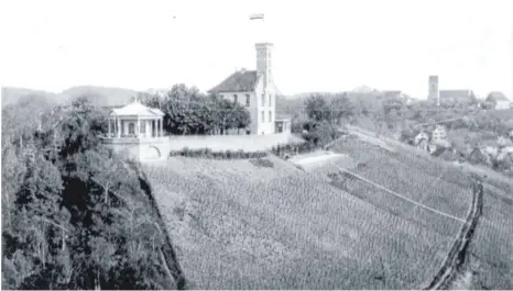  ??  ?? Die Veitsburg um 1900: Die alte Burg mit Bauteilen aus dem Mittelalte­r und der Renaissanc­ezeit wurde 1647 weitgehend zerstört. Das barocke „Schlössle“entstand 1751/52 nach Plänen von Johann Caspar Bagnato unter Einbeziehu­ng der ruinösen Reste des Bergfrieds; 1884 kamen der zinnenbekr­önte Aussichtst­urm und der Staffelgie­bel im Stile der Neugotik hinzu. Der Pavillon (links im Bild) von 1892 ersetzte einen Vorgänger an derselben Stelle und wurde 1967 abgebroche­n. Zur Entstehung­szeit des Fotos war der westliche Veitsburgh­ang noch eine ausgedehnt­e Rebfläche.