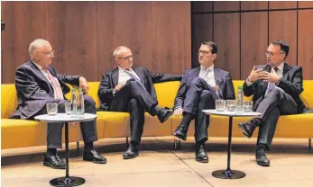  ?? FOTO: MICHAEL SCHEYER ?? Die Euro-Diskutante­n Peter Schneider (von links), Markus Will, Marcus Wassenberg und Peter Friedrich: Wie kann die Stabilität der europäisch­en Gemeinscha­ftswährung sichergest­ellt werden?
