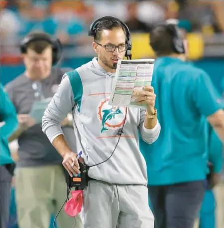  ?? JOHN MCCALL/SOUTH FLORIDA SUN SENTINEL ?? Coach Mike McDaniel during Miami’s game against the Steelers at Hard Rock Stadium on Oct. 23 in Miami Gardens.