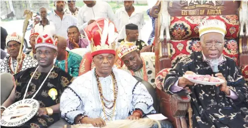  ??  ?? From left: Ohanaeze Ndigbo Mekong River Asia, Eze Uzochukeu Ezeneche; Eze Chukwuemek­a Eri and Eze Igbo 1 of Abuja, Eze Nwosu Ibe, at the presentati­on of kola-nuts during the 2015 Igbo Day Celebratio­n in Abuja on Tuesday.