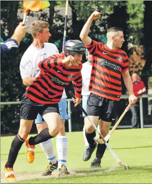  ?? Photo: Kevin McGlynn. ?? A delighted Willie Neilson scores the second goal for Oban Camanachd in the 2-2 draw with Skye at Mossfield last Saturday.