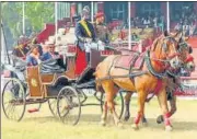  ?? ?? General Officer Commanding-in-chief of the Central Command Lt Gen Yogendra Dimri with Army Wives Welfare Associatio­n regional president Nidhi Dimri arriving in a buggy.