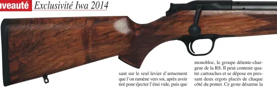  ??  ?? En faisant disparaîtr­e le mécanisme et le boîtier sous une crosse en bois ronde et intégrale, Blaser donne à cette version des airs de carabine américaine.