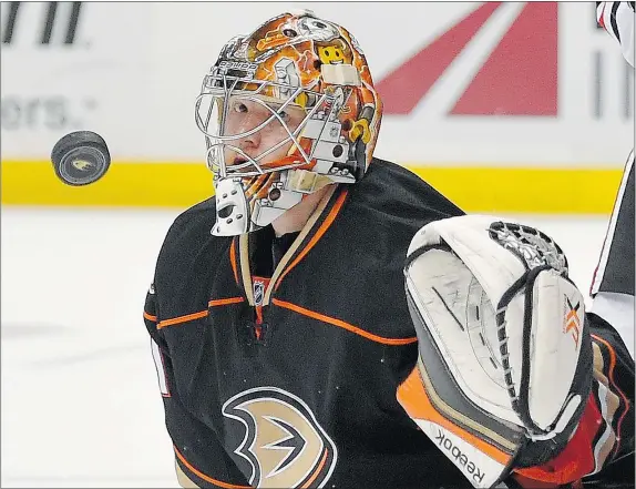  ?? — THE ASSOCIATED PRESS FILES ?? Goaltender Frederik Andersen has been a bellwether for the Anaheim Ducks in the NHL playoffs and is a big reason why the Ducks lead the Chicago Blackhawks 1-0 in the Western Conference final heading into Game 2 Tuesday night in Anaheim.