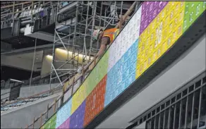  ?? Ali Badain Las Vegas Raiders ?? All of the video boards and video ribbons have been installed throughout the stadium.