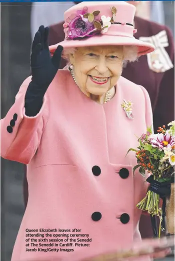  ?? ?? Queen Elizabeth leaves after attending the opening ceremony of the sixth session of the Senedd at The Senedd in Cardiff. Picture: Jacob King/Getty Images