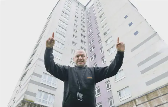  ??  ?? Done it! Super-janitor Richard Potts at Aldenham Tower, Lakeside where he climbed 100,436 steps. Picture by Stu Norton.