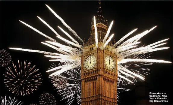  ?? Pictures: GETTY, EPA AND ANDY STENNING ?? Fireworks at a traditiona­l New Year’s Eve with Big Ben chimes