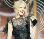  ?? PAUL DRINKWATER/NBC ?? In her acceptance speech, Nicole Kidman referenced her Big Little Lies character, a victim of domestic abuse, urging others to keep the conversati­on alive.