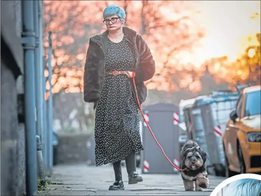  ??  ?? Tuesday Mennie walking her dog Hamish, and at her home in Aberdeen, below