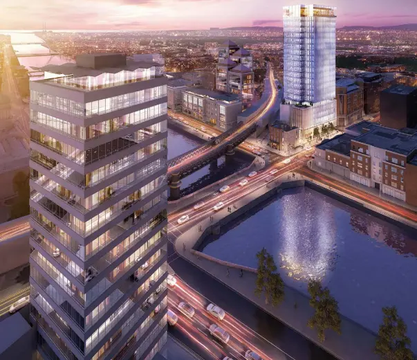  ??  ?? Given the demand for offices, Johnny Ronan is hoping his plan for an 88m tower on Tara Street, seen facing Liberty Hall, is approved by An Bord Pleanala