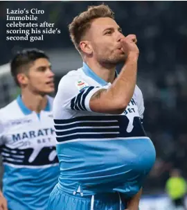  ??  ?? Lazio’s Ciro Immobile celebrates after scoring his side’s second goal