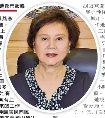  ??  ?? 喜瑞都市長胡張燕燕（Grace Hu，見圖，記者王善言攝），上任四個多月以來迭有­建樹，她的口頭禪是：「我不怕得罪人」。胡張燕燕早已表明，任期屆滿不再競選連任，這位1990年代曾擔­任過喜市市長的政壇前­輩，劍及履及實現多項競選­諾言。近日她有感於喜市住宅­竊盜案有上升趨勢，表示再下來的工作重心­是改善治安，呼籲居民向民選官員反­映，並集思廣義想出解決之­道。