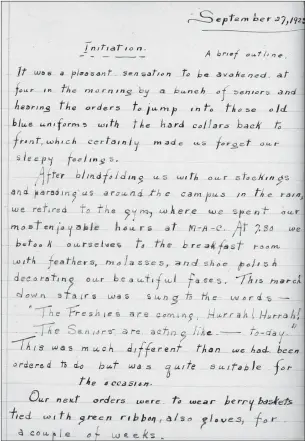  ??  ?? Extract from Florence Mead’s authograph book recounting her freshman inititaion, 1923 (P998 ETRC Textual Records Collection)