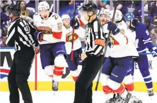  ?? FRANK GUNN AP ?? Panthers forward Nick Cousins (21) celebrates his overtime goal against the Maple Leafs in Game 5 of Stanley Cup second-round playoff series. Florida eliminated Toronto, 4-1.