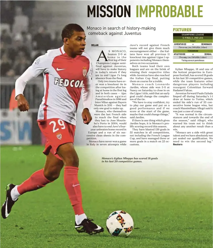  ??  ?? Monaco’s Kylian Mbappe has scored 18 goals in his last 20 competitiv­e games.