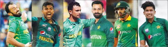  ??  ?? From left, Wahab Riaz, Shadab Khan, Fakhar Zaman, Mohammad Hafeez, Mohammad Rizwan and Mohammad Hasnain