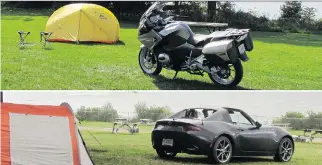  ?? COSTA MOUZOURIS/DRIVING ?? When it comes to the better vehicle for camping — the Mazda MX-5 RF or the BMW R1200RT — there’s no real winner.