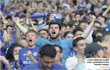  ?? Gareth Everett ?? > Fans celebrate Cardiff City’s promotion to the Premier League