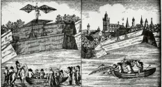  ?? Foto: Stadt Ulm/Wikipedia ?? Dieser Stich zeigt den missglückt­en Flugversuc­h über die Donau, der für das Leben Albrecht Ludwig Berblinger­s gravierend­e Folgen hatte.