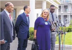  ?? MANUAL BALCE CENETA/ASSOCIATED PRESS ?? Alveda King, second from right, niece of Martin Luther King Jr., with other religious leaders, speaks after a meeting with President Trump on Monday.