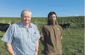  ?? MAX FRETHEY/LDR ?? The sudden appearance of a cyclist would create a health and safety issue for farm workers driving cows across the stopbank, claim dairy farmers Martin O’Connor and Glenn Leys.