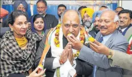  ??  ?? (From right) Minister Brahm Mohindra offers a laddoo to Sanjiv Sharma Bittu, the new mayor of Patiala, as former Union minister Preneet Kaur looks on, at the MC office on Tuesday. The posts of senior deputy mayor and deputy mayor went to Yoginder Singh...