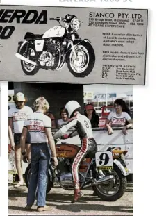  ??  ?? TOP Stanco advertisem­ent from 1974. ABOVE Pit stop for Lindsay McKay in the Surfers Three Hour Race where he rode with Owen Hughes. BELOW LEFT Jeff Curley on Stanco’s Laverda 1000 at Calder in 1973.