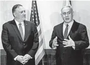  ?? PATRICIA DE MELO MOREIRA/GETTY-AFP ?? Speaking alongside U.S. Secretary of State Mike Pompeo, left, Israeli PM Benjamin Netanyahu focused on Iran.