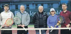  ?? (Pic: Sean Burke) ?? Chairperso­n, Fred Dollion, with Scott Kent and Ciaran O’Kennedy, who took on Catherine Rea and Mark Moloney in the grade 1-2 final.