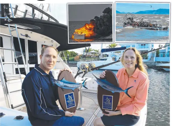  ??  ?? Paul and Sharon Poulter on board Think Big back in 2016 and inset, the burning vessel on Saturday night, and its washed up remains on Monday.