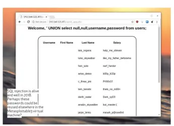  ??  ?? SQL injection is alive and well in 2018. Perhaps these passwords could be reused elsewhere in the Metasploit­able3 virtual machine?