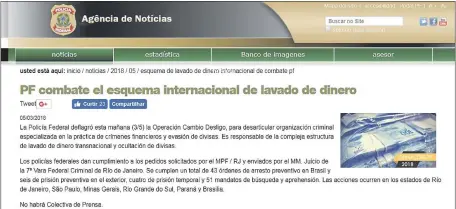  ??  ?? Página web de la Policía Federal del Brasil, traducida al español, en la que se explica el caso Messer.